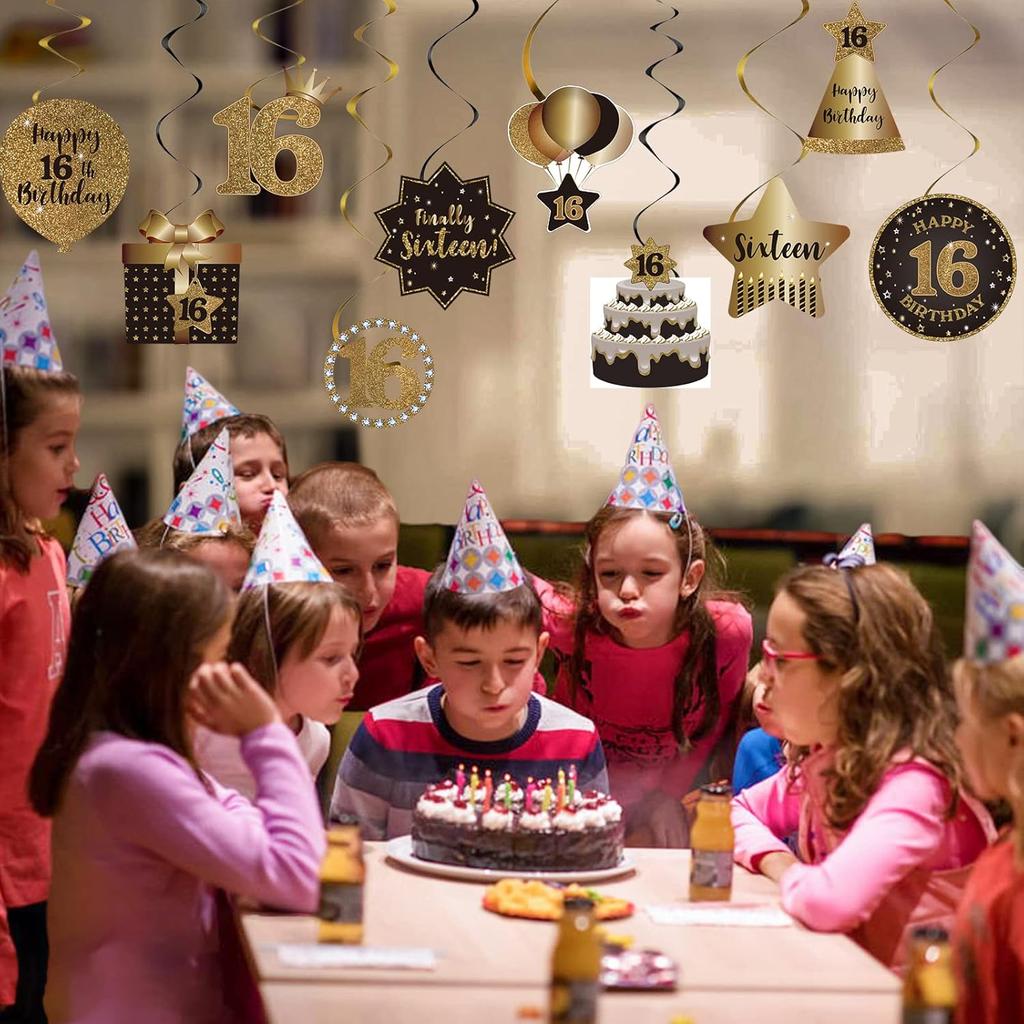 Happy 16th Birthday Hanging Swirls Streams Ceiling Decorations, Celebration 16 Foil Hanging Swirls with Cutouts for Sweet 16 Years Old Black and Gold