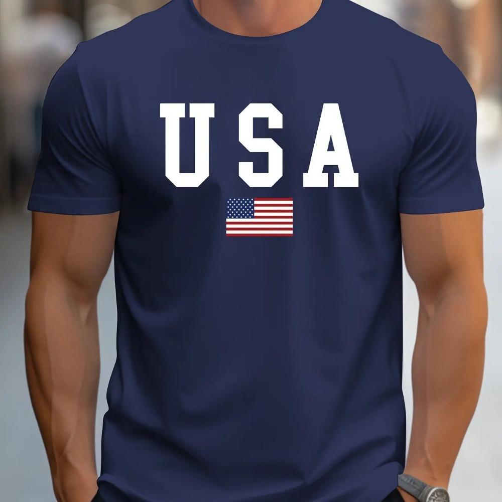 Men's 100% Pure Cotton Summer Loose Fit Large Usa Print Casual Slim Fit Round Neck Short Sleeved T-shirt Top