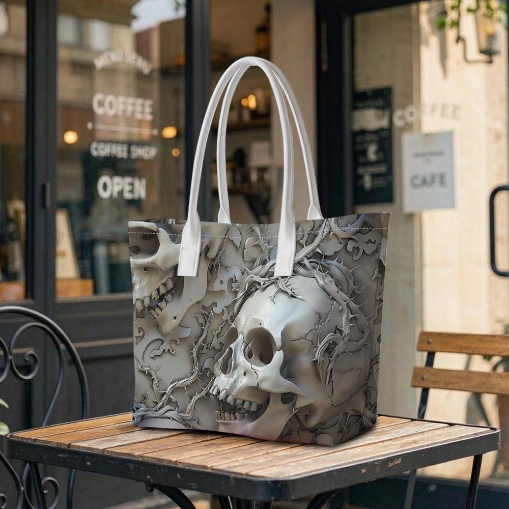 Gothic Skull Pattern Tote Bag Fashion Trendy Daily Carry Handbag Unique Dark Style Shoulder Purse Cool Streetwear Casual Shopping Bag