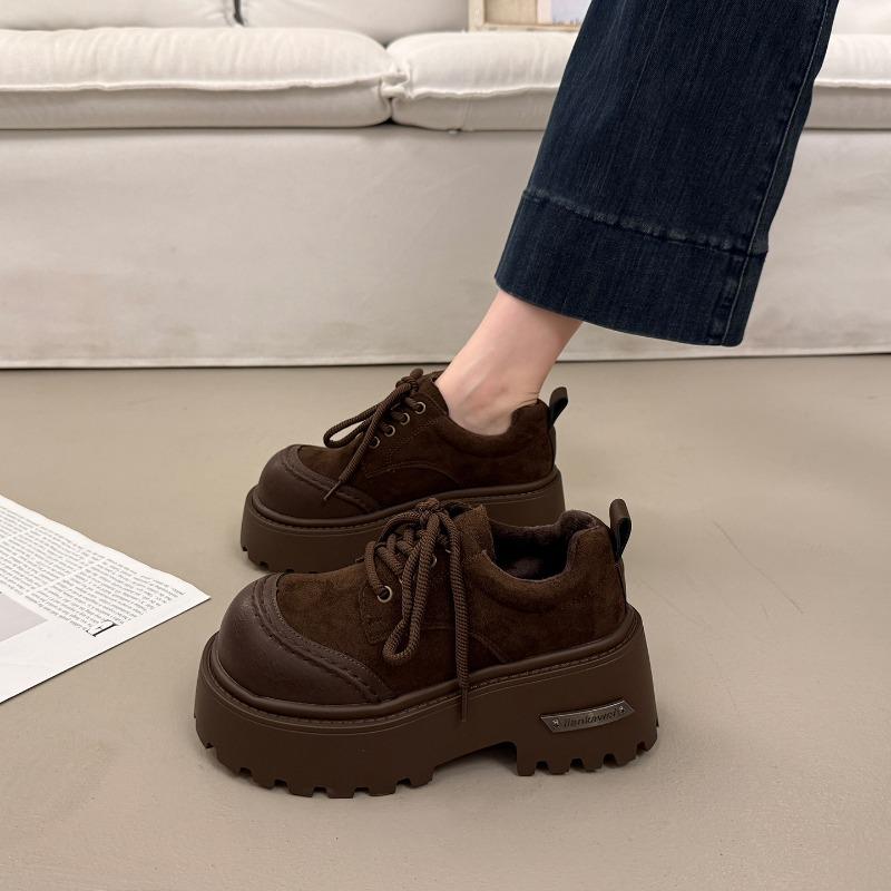 Height-increasing Platform Single Shoes Women's Autumn and Winter Velvet 2 New Big Head Lace-up British Small Leather Shoes