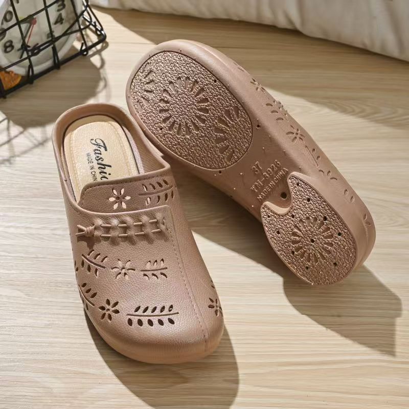 Women Baotou Hollow Out Waterproof Half Slippers Summer New Soft Sole Non Slip Breathable Flat Sole Home Slippers Beach Slippers