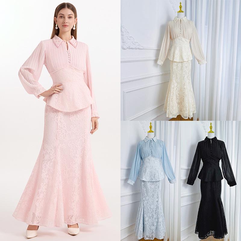 

Elegant Chiffon Lace Beaded Mermaid Skirt Set M абрикосовий