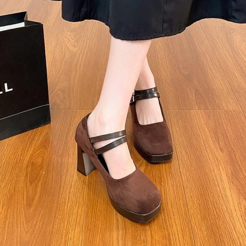 Women's Shoes High Heels 2026 New Spring and Autumn Square-headed Button with Thick Heel