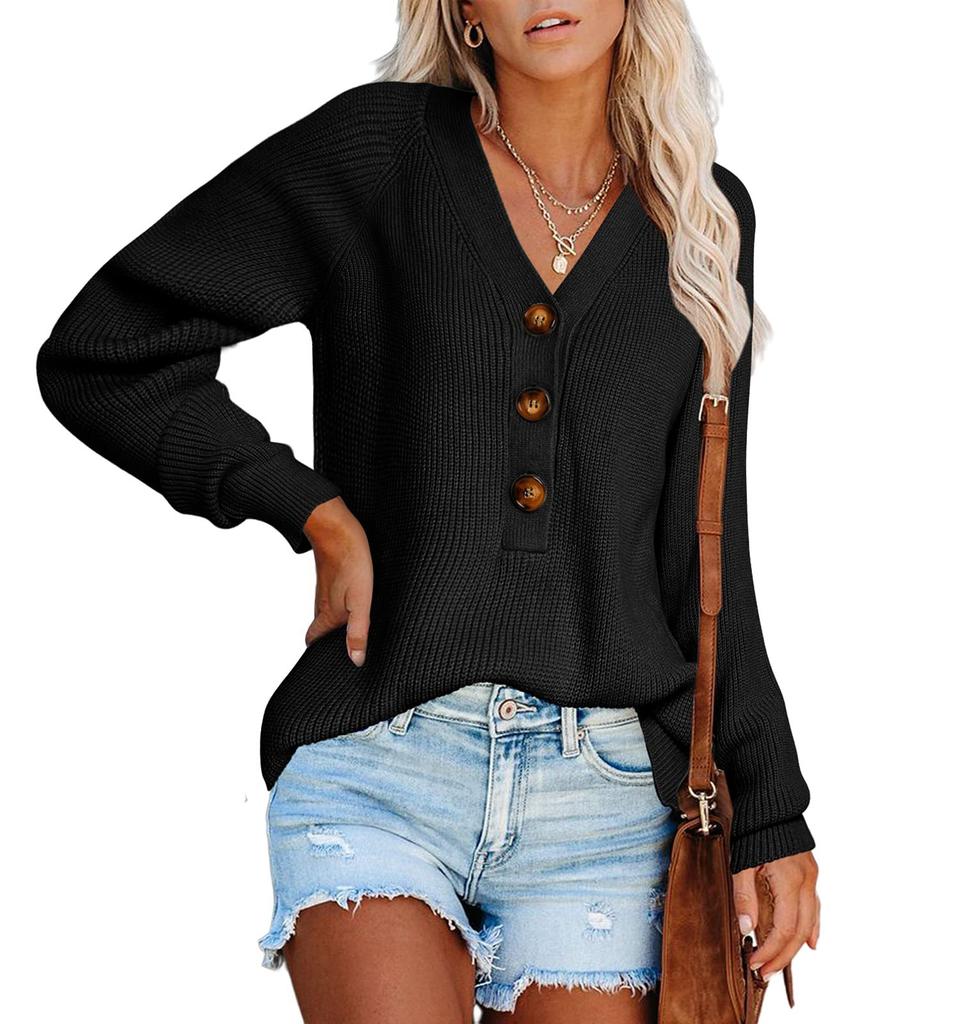 Autumn Winter Women's Button Front Knitted Pullover V Neck Sweater Long Sleeved Knitwear Luxurious Relaxed-fit Slimming and Versatile Top