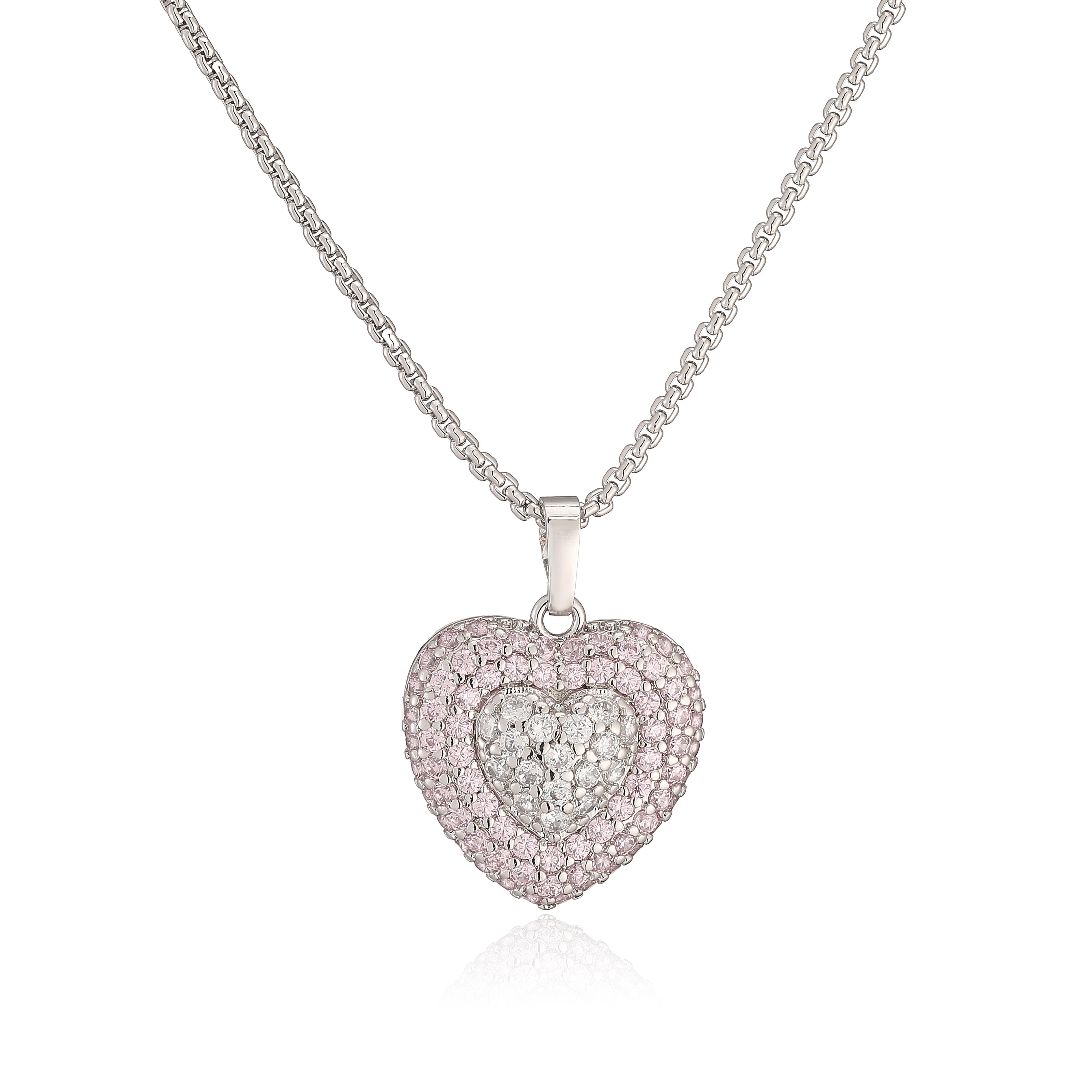 

Luxury Pink Heart Zircon for Women, Dainty Gold Plated Brass Pendant Necklace & Hoop Earrings with Cubic Zirconia