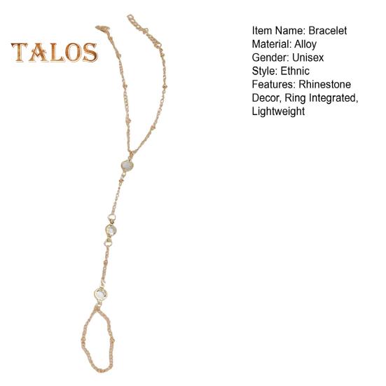 Women Bracelet Ring Integrated Alloy Retro Ethnic Rhinestone Decor Hand Chain Bracelet Ring Hollow Chain Finger Ring Bracelet Boho Beach Jewelry Gift