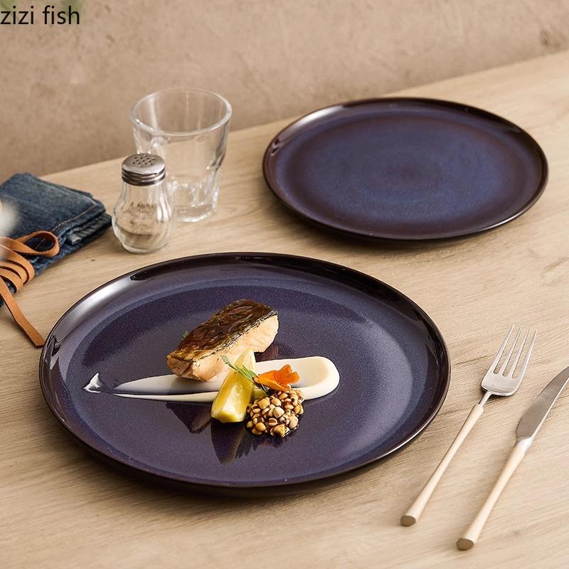 Kiln Changes Blue Ceramic Flat Plate Hotel Creative Steak Plate Dessert Plate Sushi Plates Breakfast Plates Featured Tableware