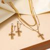 Stainless Steel Heart Cross Necklace & Earring Set for Women with Diamond Inlay