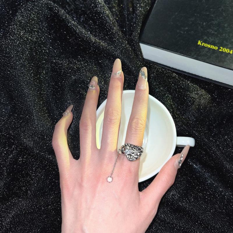 Korean-Inspired Geometric Tassel Ring with Rhinestones - Retro Chic for Women Adjustable