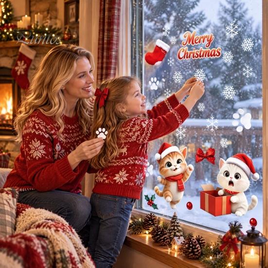 Creative Christmas Gift for Kids Cute Cat Static Glass Sticker, Waterproof PVC Window Decal Holiday Decoration, Home Decor Ornaments Removable