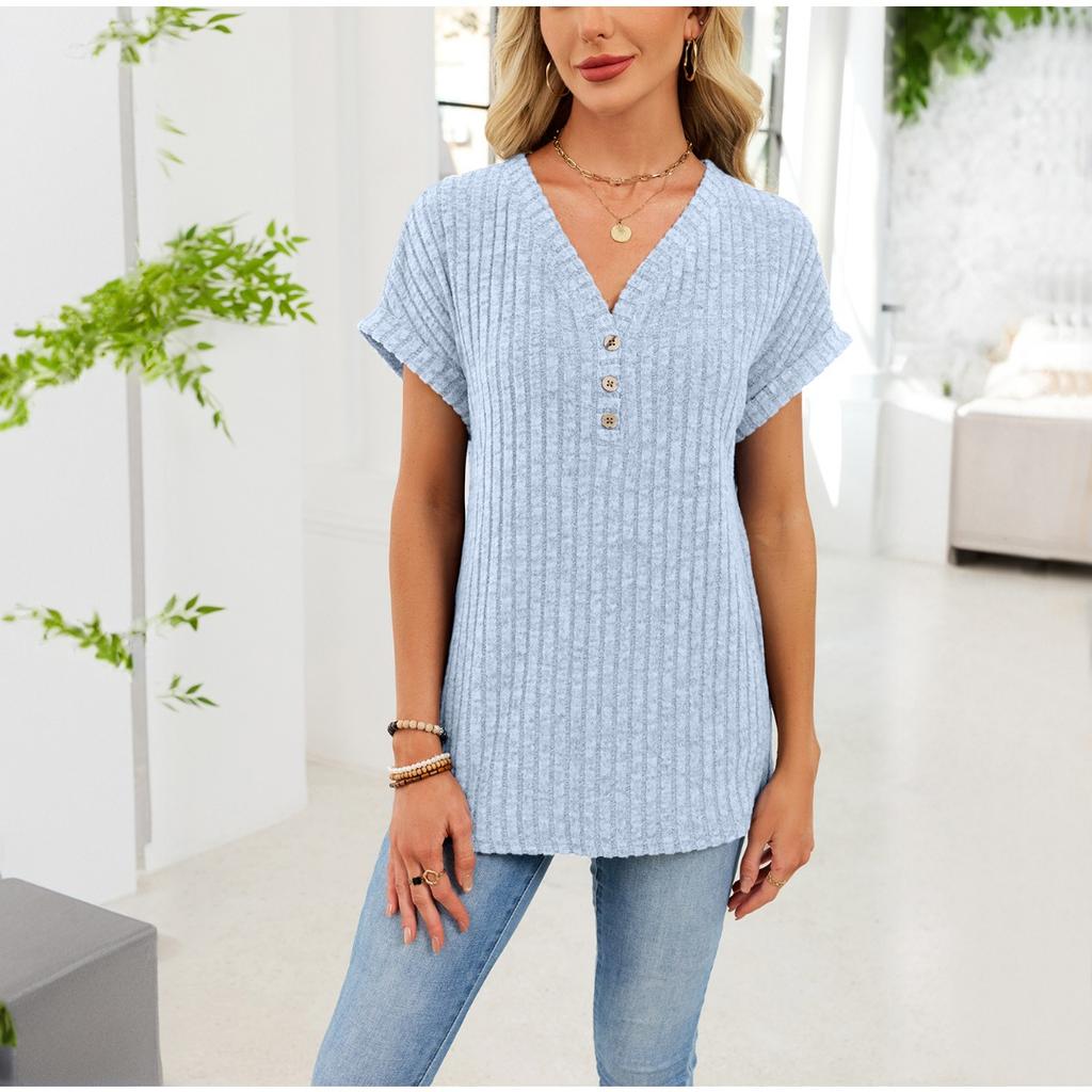 Summer Spring Women's Solid Color V-neck Button Short Sleeve Casual Knit T-shirt
