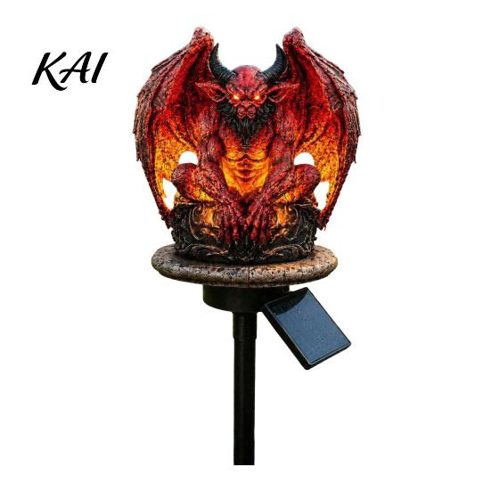 Gothic Demon Yard Ornament Dragon Solar Garden Light, Outdoor Gargoyle Statue with Warm LED Lighting, Halloween Cemetery Decoration Waterproof