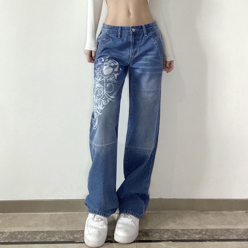 Trendy 2022 European & American Wide-Leg Printed Women s Jeans L синий
