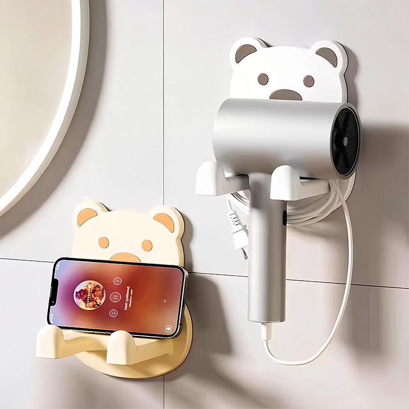 Little Bear Hair Dryer Holder Easy Install Wall-Mounted No-Drill Bathroom Organizer For Electric Blow Dryers