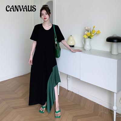 Summer Women's Dress Loose Plus Size Casual Patchwork Colour Irregular Hem U Neck Short Sleeve Dresses