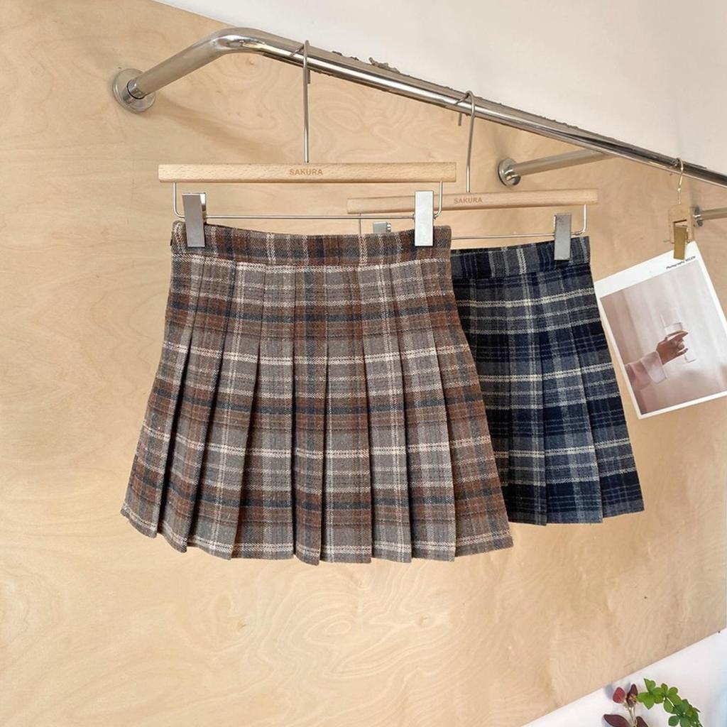 Korean Style Plaid Woolen High Waist A-Line Pleated Skirt for Women, Plus Size, College Fashion