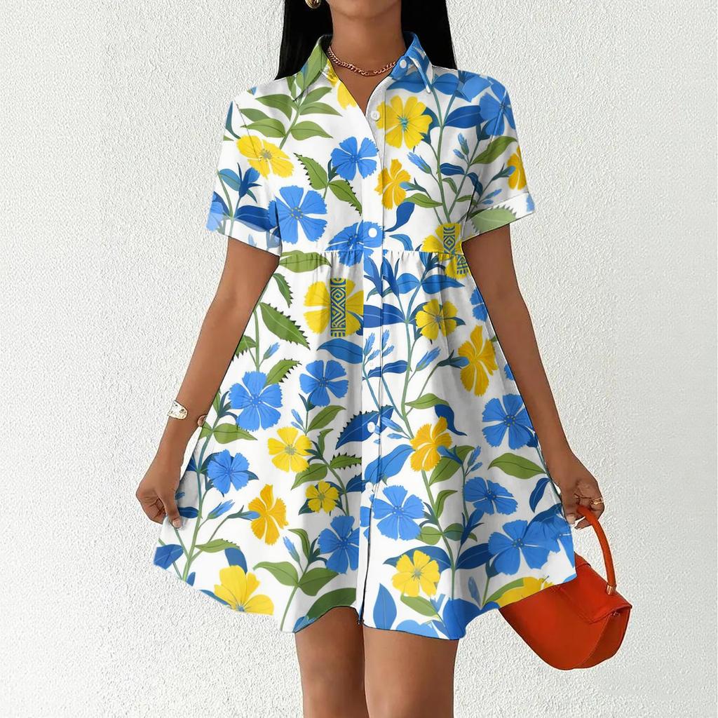 Women Casual Loose Fit Button Front Shirt Dress Hawaiian Print Short Sleeve Collared Summer Dress