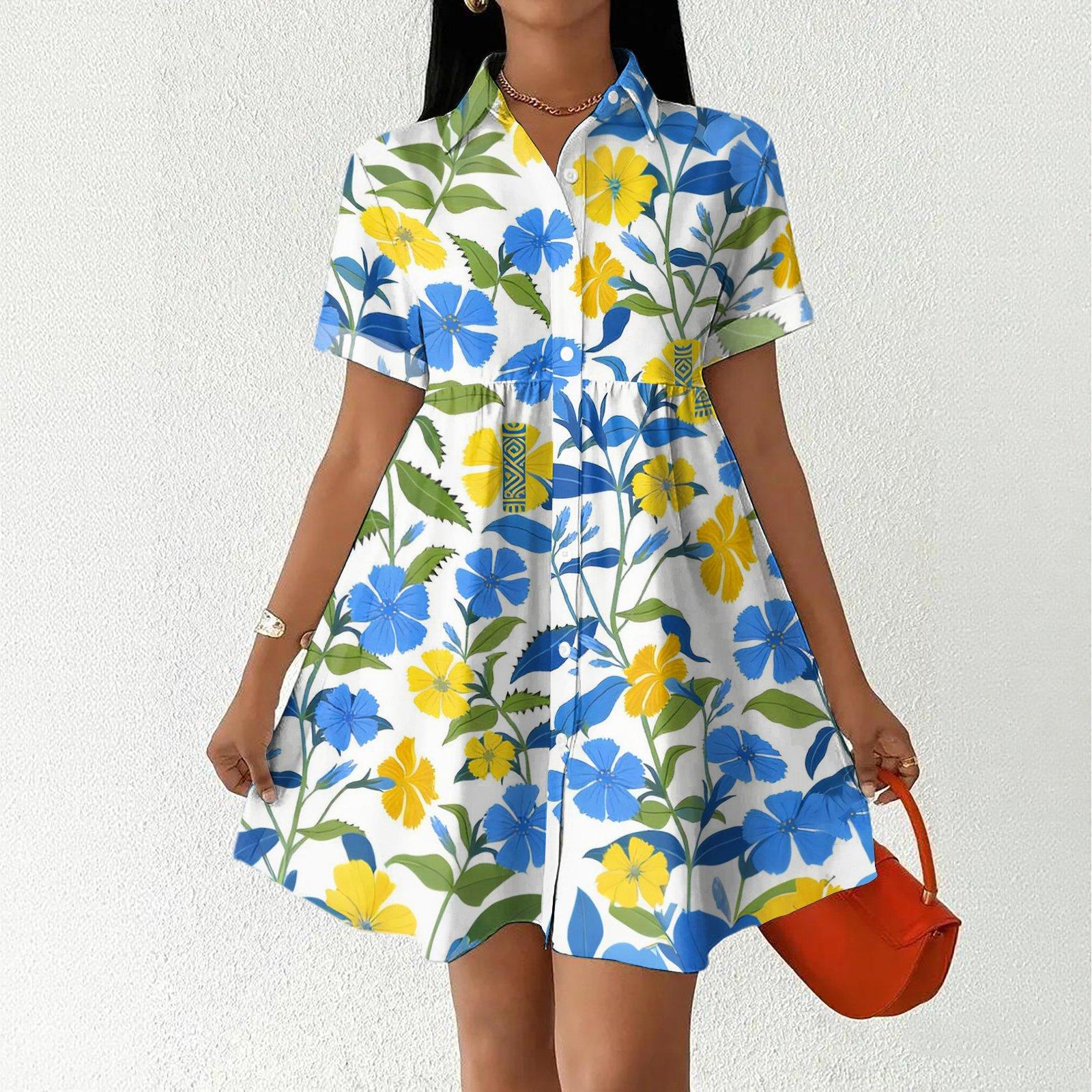 Women Casual Loose Fit Button Front Shirt Dress Hawaiian Print Short Sleeve Collared Summer Dress L синий