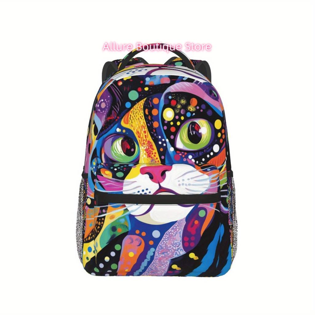 Vibrant Cat Graphic Backpack - Lightweight, Double-Compartment Design with Zipper Closure, Large Capacity for Travel, Campus, an