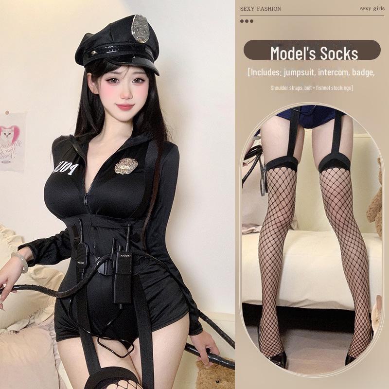 Women's Sexy Nightclub Motorcycle Police Cosplay Lingerie with Double Zipper & Open Crotch Design