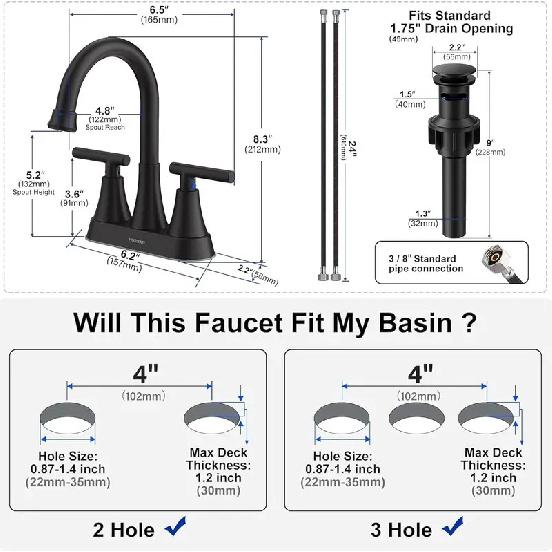 3 Hole Matte Black Bathroom Faucet with Pop-up Drain, 4 Inch Centerset, Stainless Steel Lead-Free for Sink Vanity