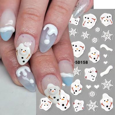 1 pièce Autocollants Nail Art - Hiver Noël Neige Fondante Bonhomme de Neige Flocon de Neige Dessin Animé Autocollants Ongles 5D en Relief