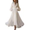 Women'S Long-Sleeved V-Neck Solid Color Pleated Belt Dress Long Dress