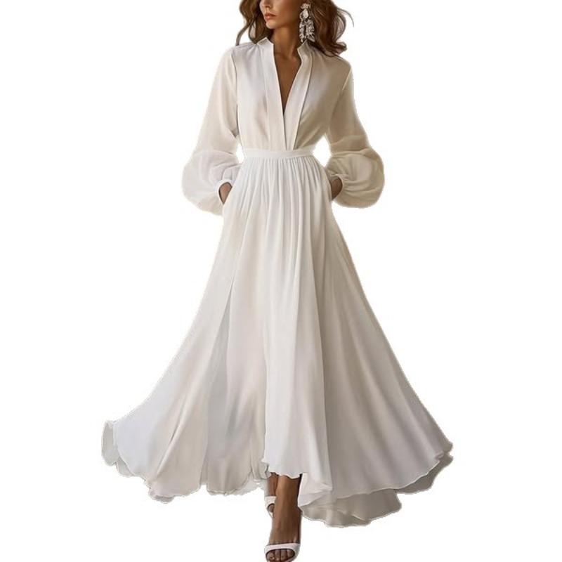 Women'S Long-Sleeved V-Neck Solid Color Pleated Belt Dress Long Dress