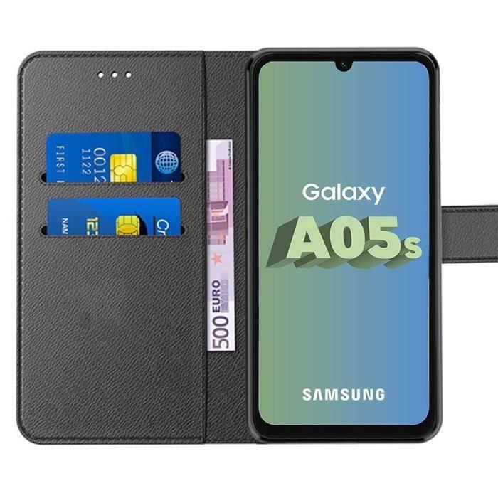 Coque de protection - BOOLING - pour Samsung Galaxy A05s - Antichoc - Simili cuir noir - Emplacements cartes