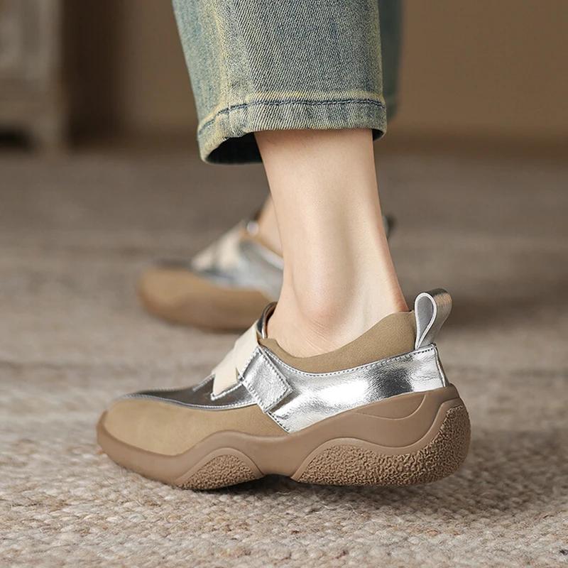 Fashion NEW Autumn Women Shoes Split Leather Shoes for Women Round Toe Thick Heel Shoes Mixed Colors Hook&loop Sneakers German Trainer