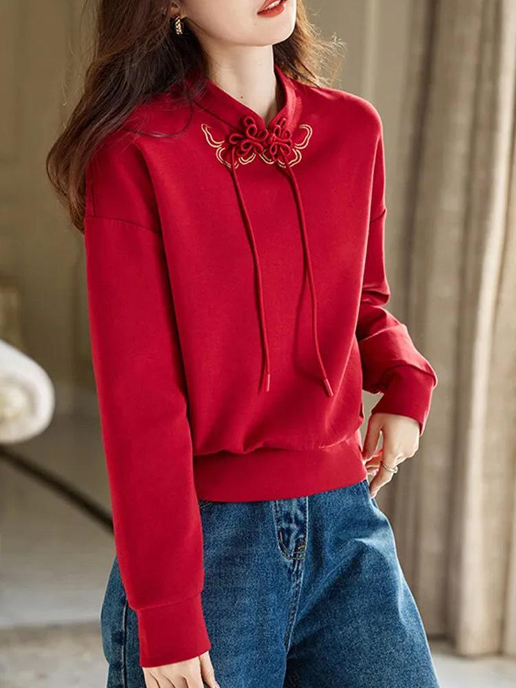 Stand Collar Frog Button Long Sleeve Hoodie - Women s Plus Velvet, Autumn/Winter 2025, Chic National Style Top M