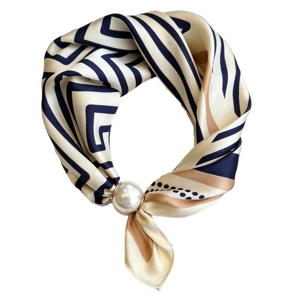 Popular Magnetic Buckle Pearl Necklace Silk Scarf Classic Striped Design Small Scarf Women's Protection Collar Anti-sun Thin Scarf