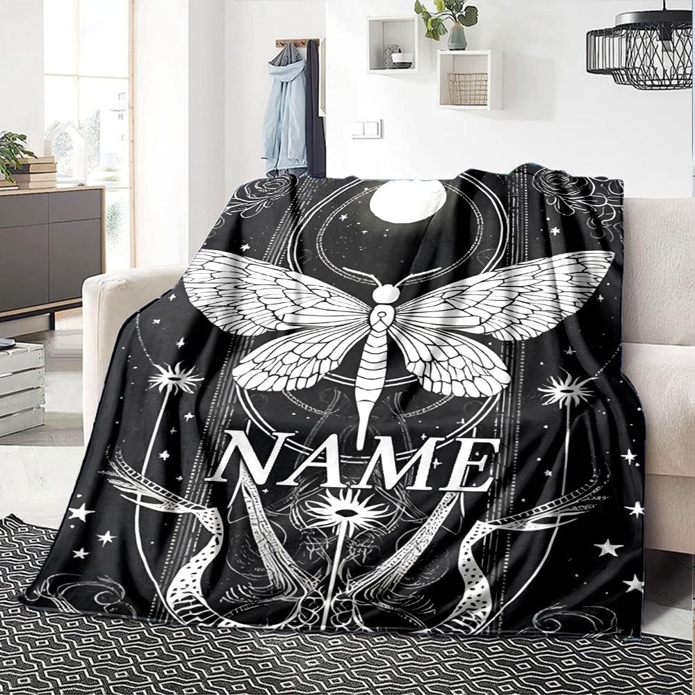 Mystic Moth Under Moonlight Lightweight Personalized Blanket Customize Text Comfortable For Sofa Couch Office Bed Picnics Four Seasons Universal