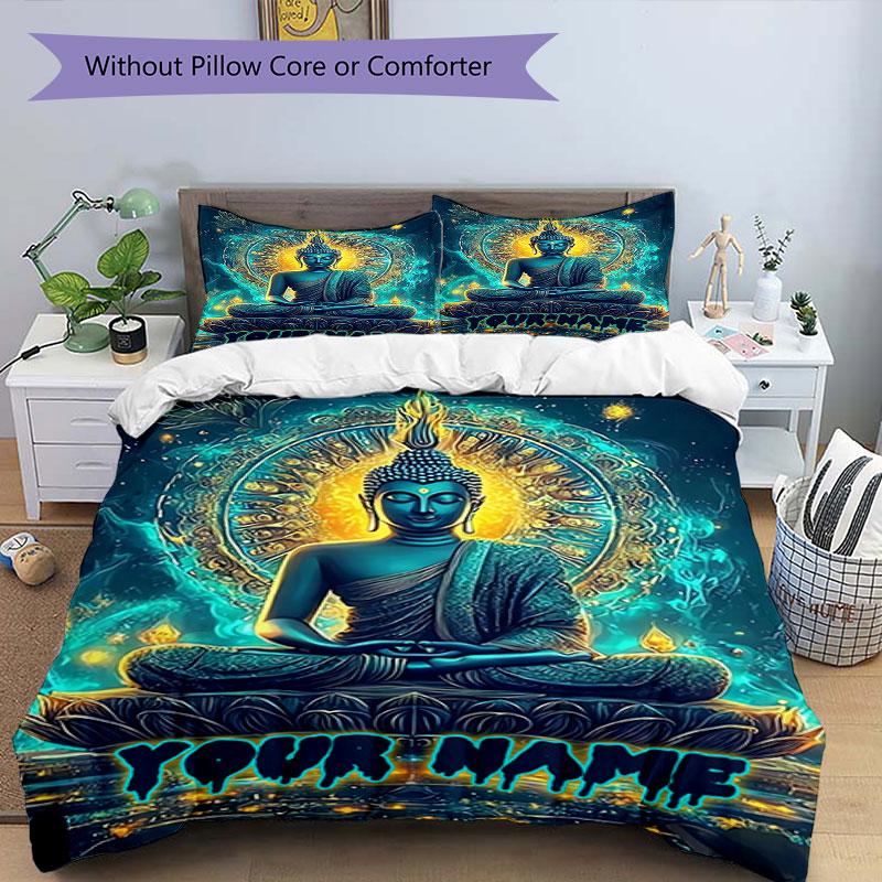 3PC Custom Name Buddha Enlightenment Journey Bedding Set Duvet Cover Closure Includes 1 Duvet Cover & 2 Pillowcases for Bedroom