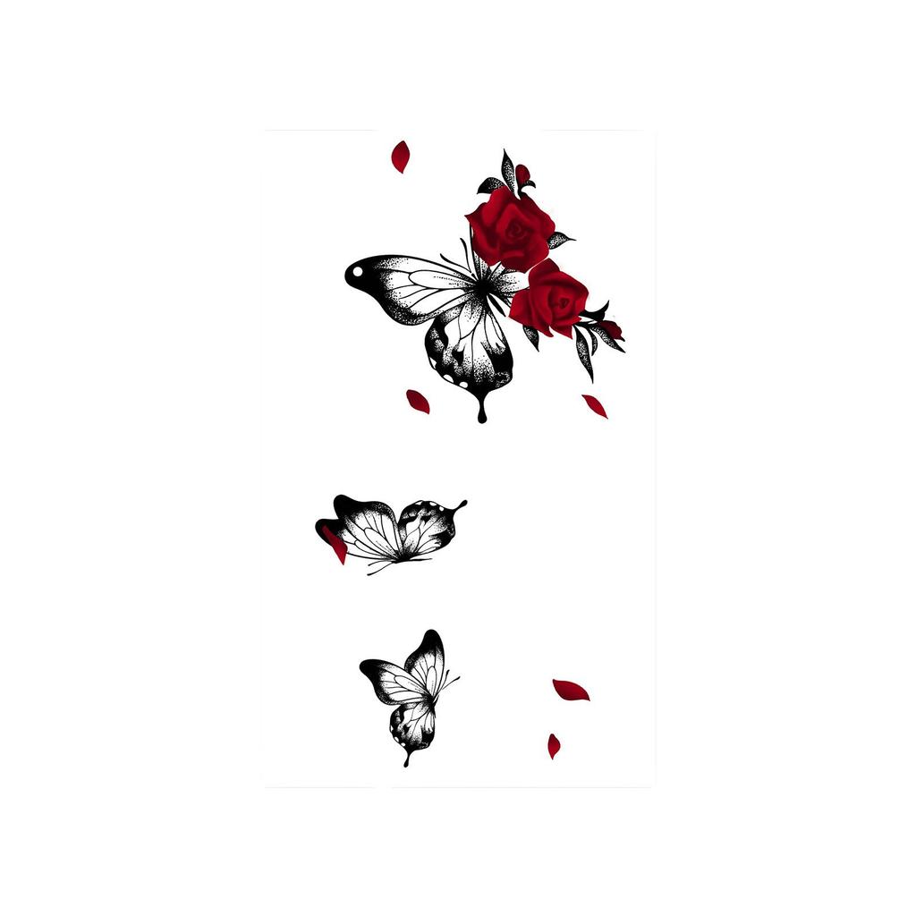 Red Rose Black Butterfly Tattoo Sticker Sweet Cool Waterproof Long-Lasting Shoulder Neck Clavicle Delicate Pattern Sticker