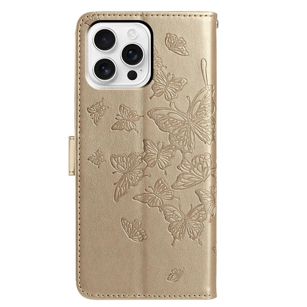 For iPhone 16 Pro Case Butterfly Imprinted Wallet Stand PU Leather Flip Phone Cover with Strap