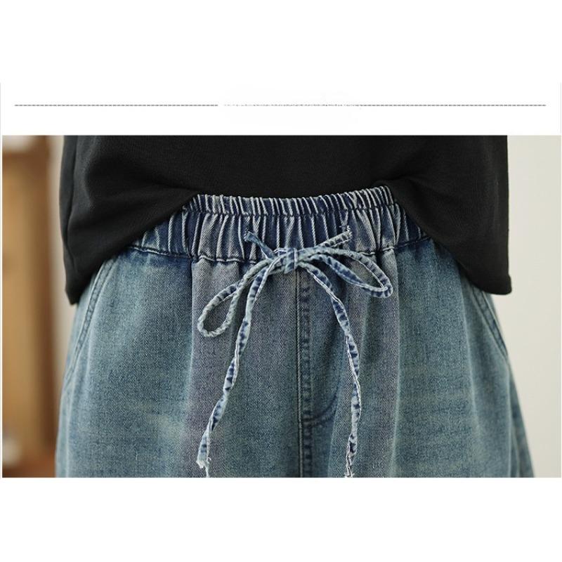 DIMANAF 2026 Summer New Plus Size Women Jeans Elastic Waist Long Pants Loose Casual Denim Cotton Trousers Blue Pants