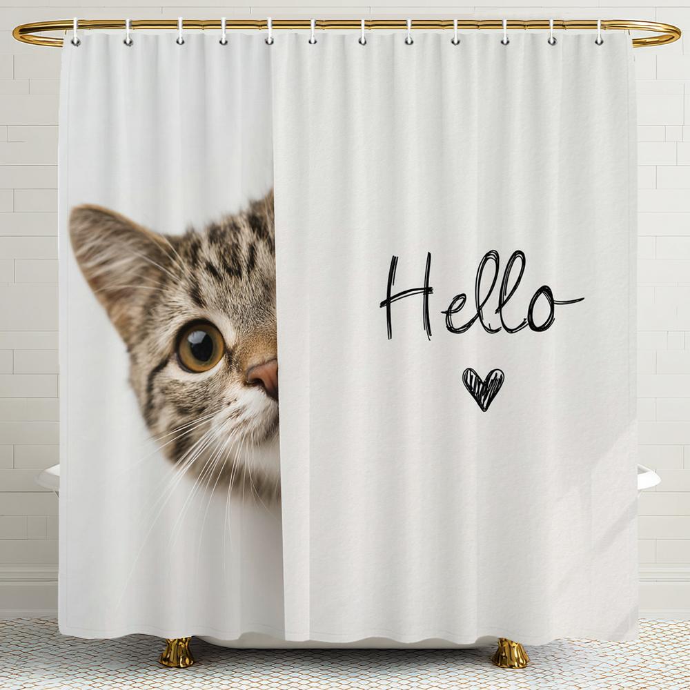 Cartoon Cute Cat Pattern Shower Curtain, Bathroom Decorative Shower Curtain, Printed Fabric Shower Curtain With Hooks