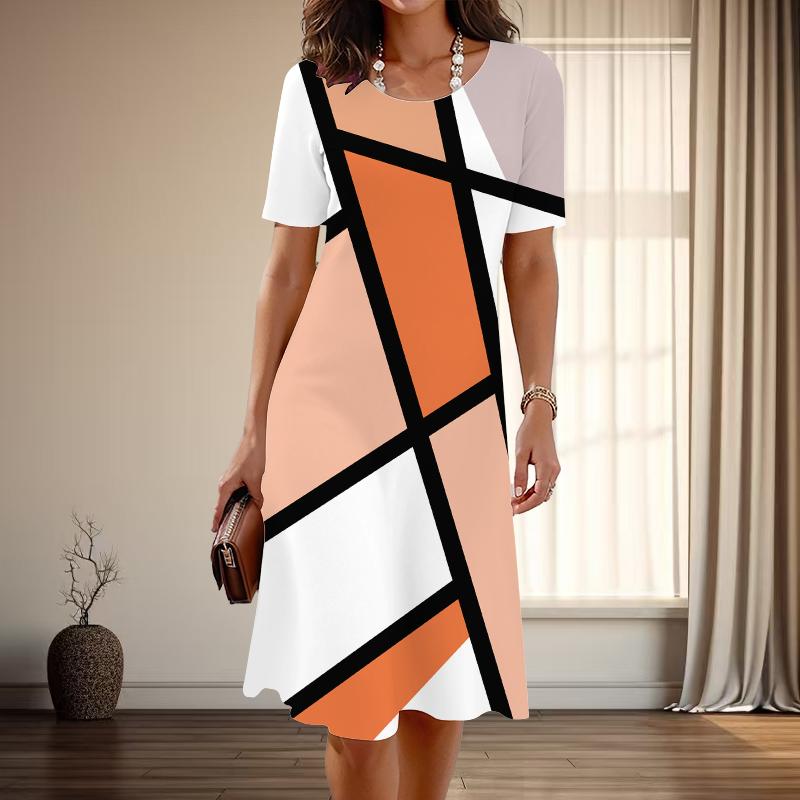 Dame Mote Grasiøse Geometriske Mønster Trykk Sommer Vår Kortermet O-Hals Hverdagskjoler