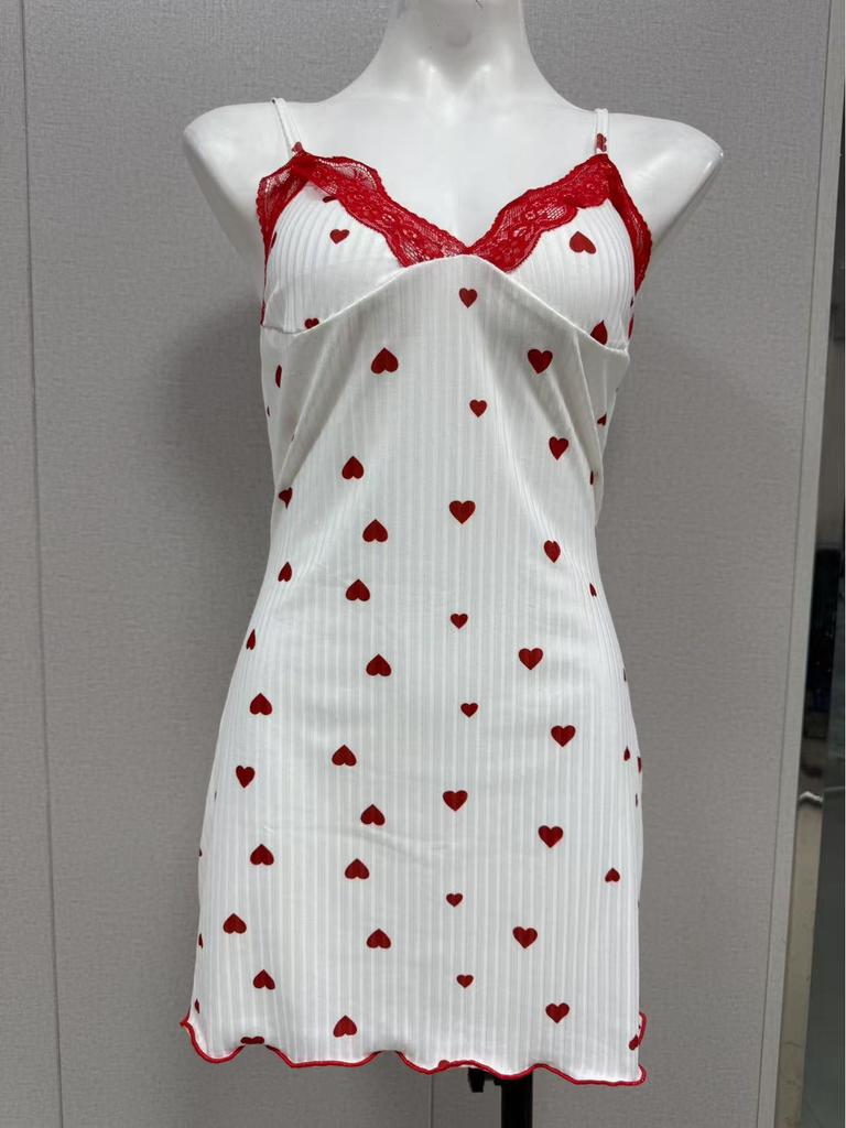 Sexy V-Ausschnitt Herz-Print Spitzen-Cami-Nachthemd Pyjama für Damen