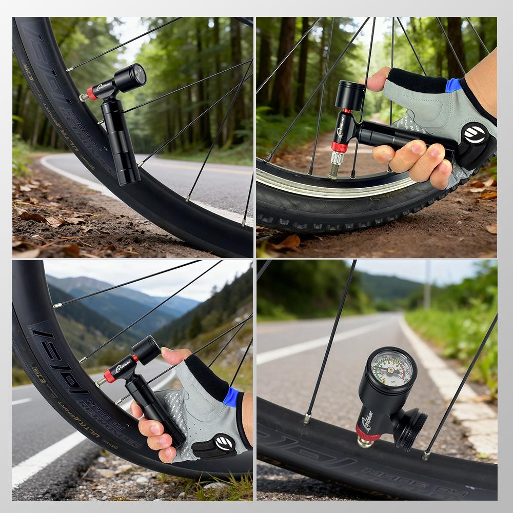 Black Head CO2 Pump with Clear Pressure Gauge Aluminum Alloy Bike Air Mini Cycling Bicycle CO2 Inflator for Road Bikes MTB Bikes