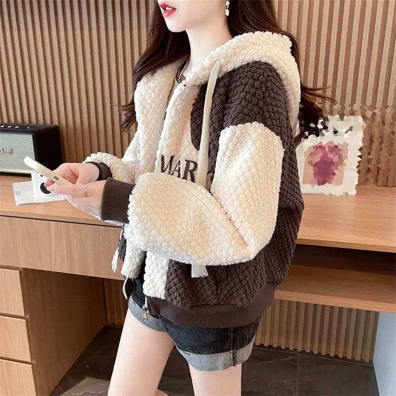 WTEMPO Color Matching Polar Fleece Jacket Women's Hooded Thick Warm Zipper Coats Autumn Winter Women Large Size Plush Jackets