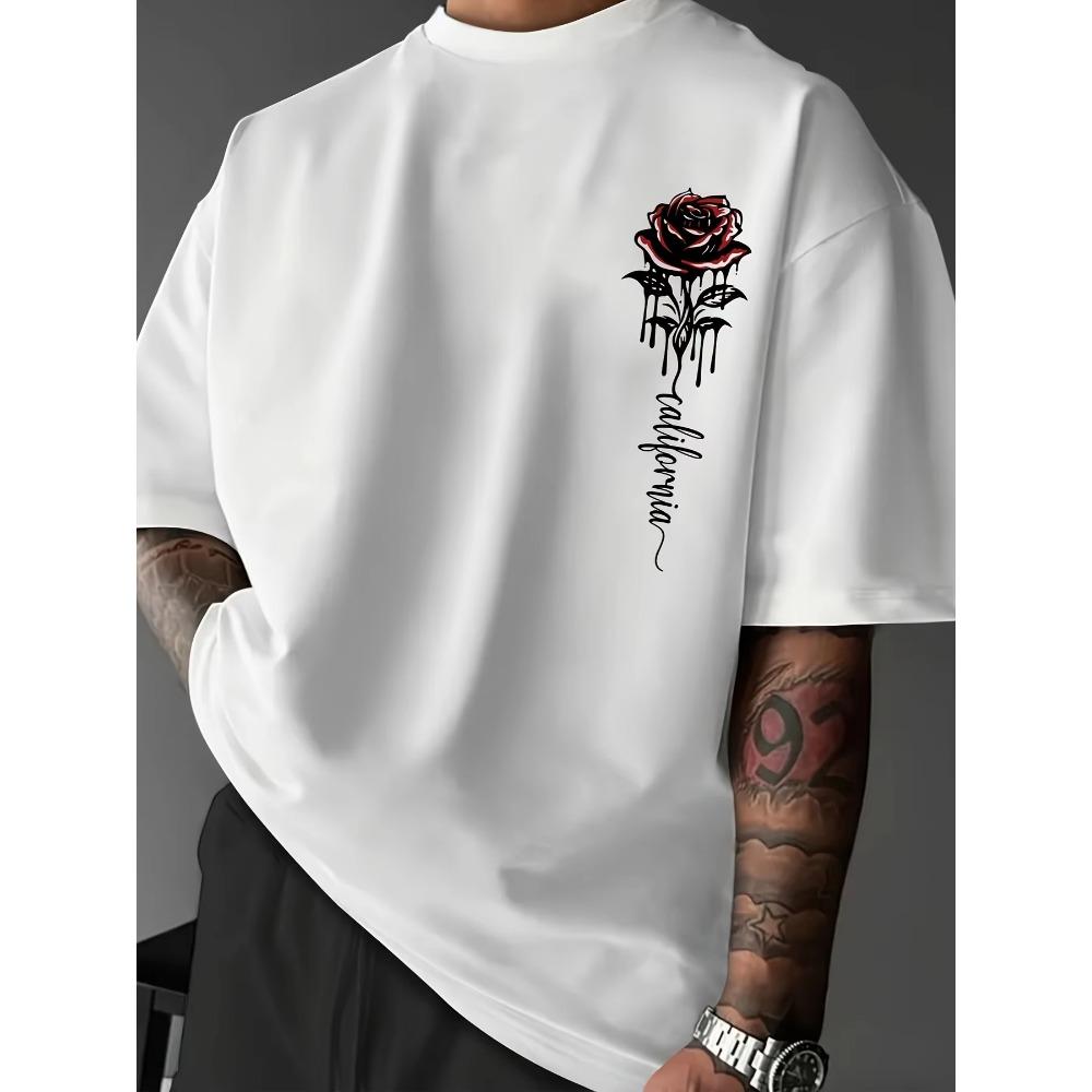 Summer Street Style Rose Print Short Sleeve T-Shirt Round Neck European And American Style Men's Women's T-shirt Tops