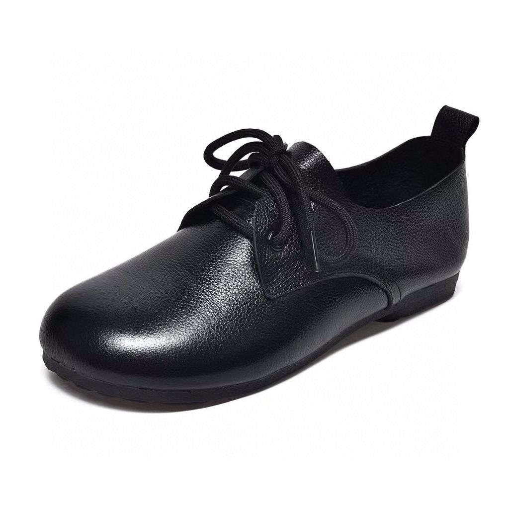Round head single shoes women's autumn new first-layer cowhide lace-up soft sole soft surface casual shoes lazy shoes
