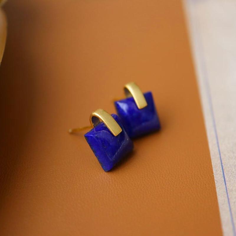 Design Style Blue Square Light Luxury Stud Earrings  Inlaid Lapis Lazuli Square Retro Geometric Earings For Women Jewelry