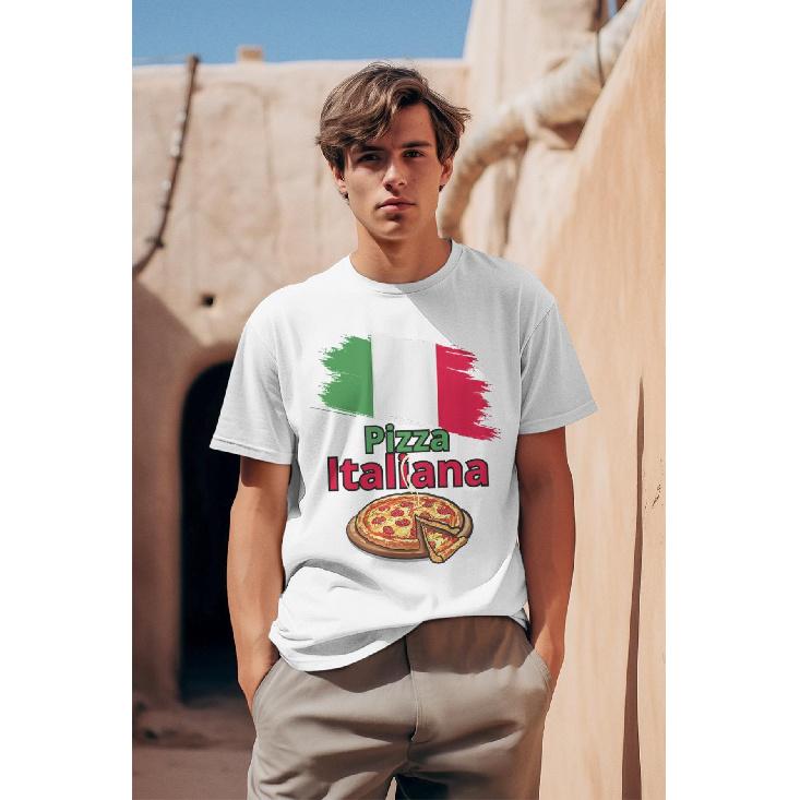 Italian Pizza & Italy Flag T-Shirt For & - Italian Food Theme With Pizza Slice & Italian Text, Casual Short Sleeve Round Neck Tee, Pizza Lover Gift,