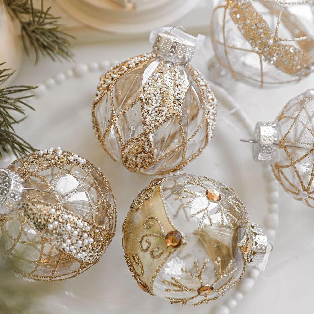8cm Christmas Ornaments Ball Glitter Plastic Christmas Ornaments Hanging Golden Border Grid Painted Christmas Ball Pendant