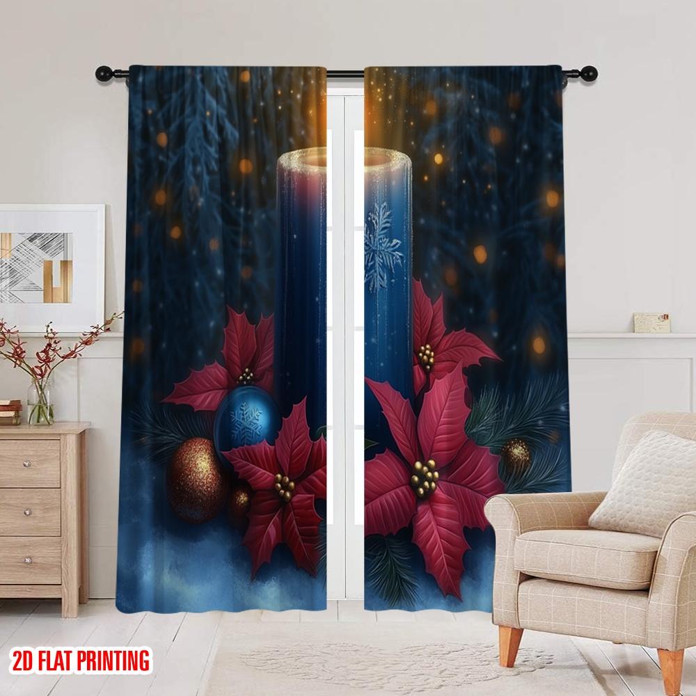 2 Stück, 2D-Flachdruck Fenster Vorhang Blau Kerze Weihnachtsstern Weihnachtsschmuck (3) Polyester Fabrik (ohne Stange) Vielseitig