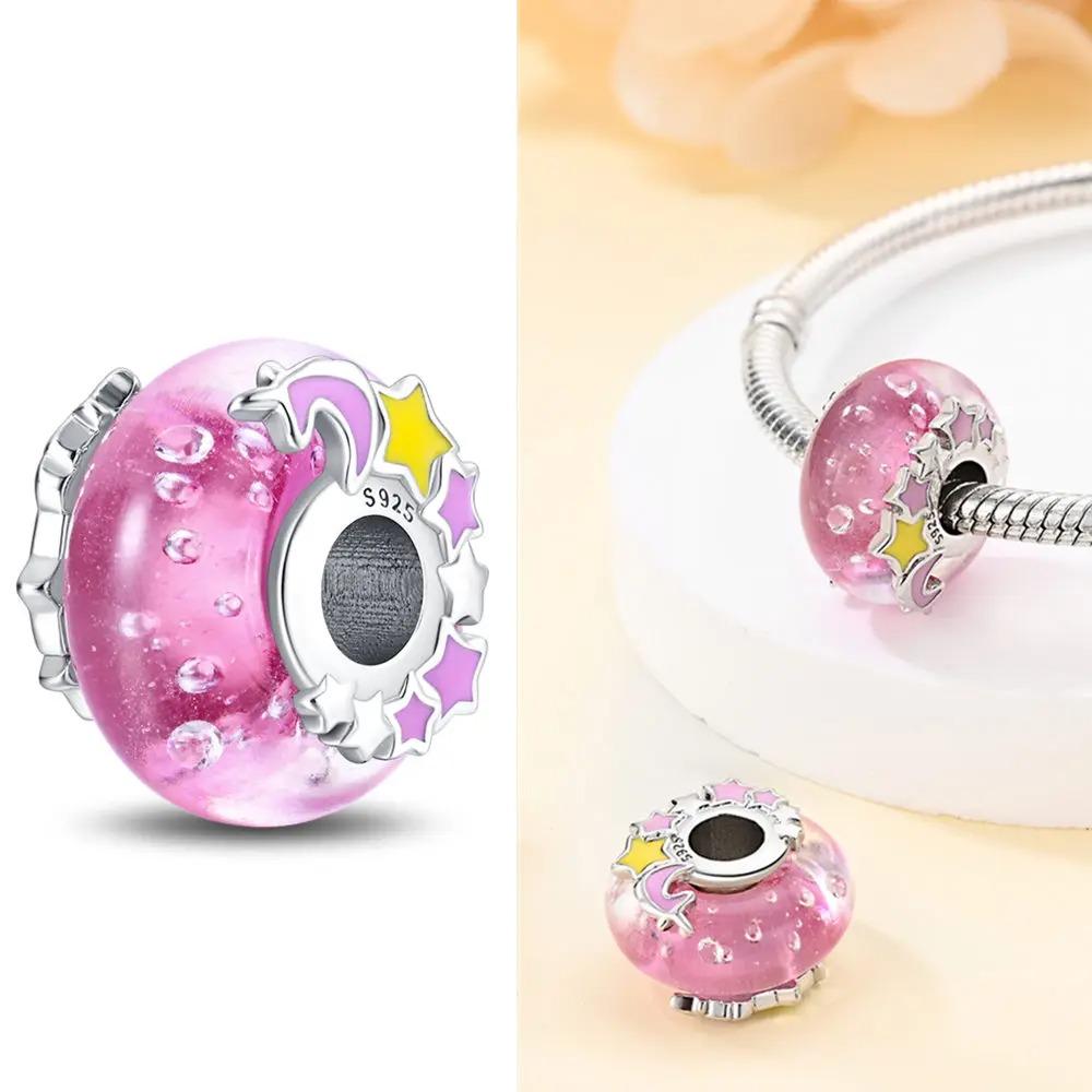 Original Rosa Glasperlen Blaue Romantische Perlen 925 Silber Charms für Frauen DIY Schmuckherstellung Armband Passend