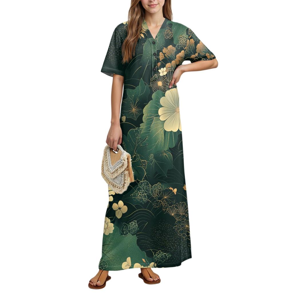 Women's Fashion Printed Nightgown Home Clothes Short Sleeve Nightgown With Pockets Long Dress